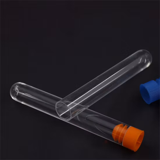 Tubo de ensaio plástico para consumíveis de laboratório, 13*100mm 16*100mm pe pet pp ps com uma variedade de tampas coloridas, tubo de ensaio transparente